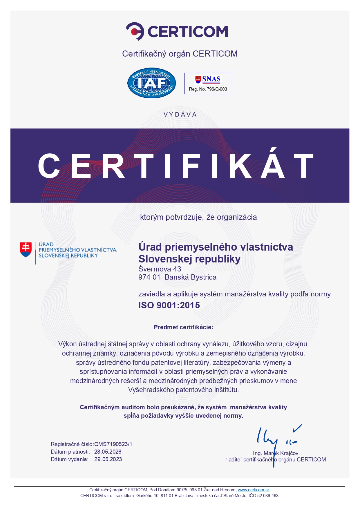 Certifikát systému manažérstva kvality ISO 9001:2000